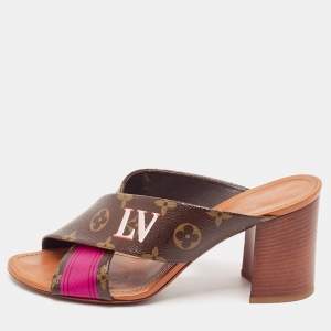 Louis Vuitton Brown/Pink Canvas Panorama Slide Sandals Size 38.5
