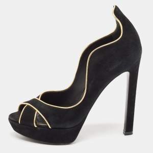 Louis Vuitton Black/Gold Suede Crisscross Peep Toe Pump Size 37.5