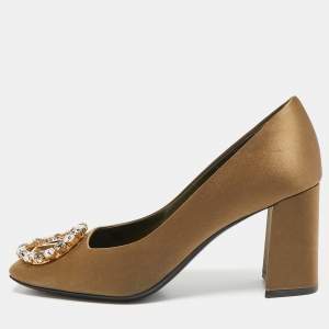Louis Vuitton Olive Green Satin Crystal Embellished Madeleine Pumps Size 37.5