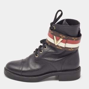 Louis Vuitton Black Leather Wonderland Flat Ranger Combat Boots Size 36