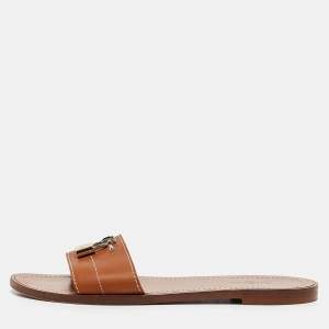 Louis Vuitton Brown Leather Lock It Flat Slides Size 38