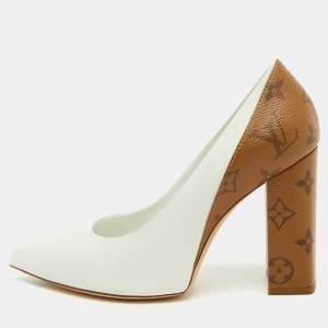 Pre Owned Louis Vuitton White/Brown Leather and Monogram Canvas Matchmake Pumps Size 37