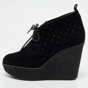 Louis Vuitton Black Monogram Suede Wedge Ankle Boots Size 36