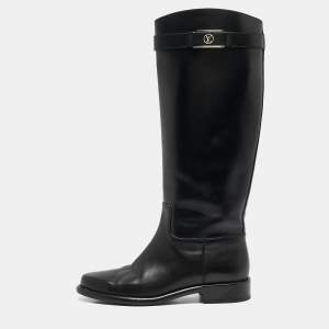 Louis Vuitton Black Leather Logo Knee Length Boots Size 38