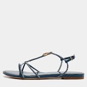 Louis Vuitton Blue Snakeskin and Patent Leather Sunseeker Flat Sandals Size 38.5
