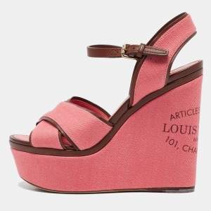 Louis Vuitton Pink Denim and Leather Articles De Voyage Wedge Sandals Size 36