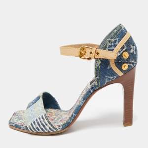 Louis Vuitton Blue Denim And Leather Trim Patchwork Ankle Strap Sandals Size 37