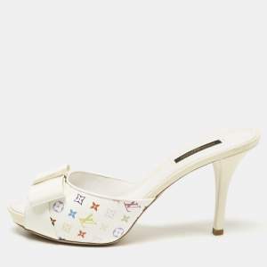 Louis Vuitton White Multicolore Monogram Canvas and Patent Leather Slide Sandals Size 37