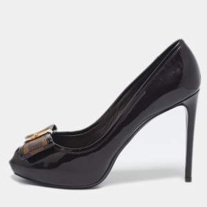 Louis Vuitton Brown/Burgundy  Patent Leather And Infini Canvas Bow Peep Toe Platform Pumps Size 39