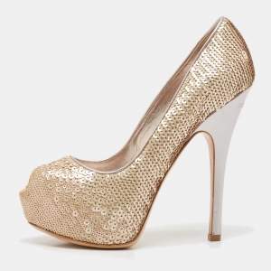 Louis Vuitton Beige Leather and Sequins Peep Toe Pumps Size 37