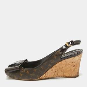 Louis Vuitton Brown Monogram Canvas and Patent Bow Rivoli Slingback Wedge Sandals Size 36.5