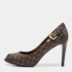 Louis Vuitton Brown Canvas and Leather Mini Lin Peep Toe Pumps Size 38.5