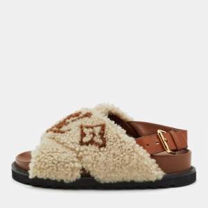 Louis Vuitton White/Brown Shearling Fur and Leather Paseo Comfort Mules Size 36