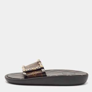 Louis Vuitton Monogram Canvas and Studded Leather Eldorado Flat Slides Size 39
