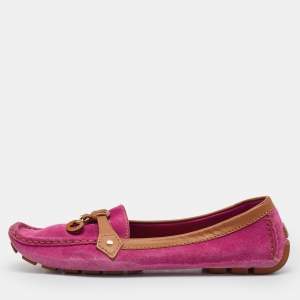 Louis Vuitton Pink/Tan Suede and Leather Charm Slip On Loafers Size 41