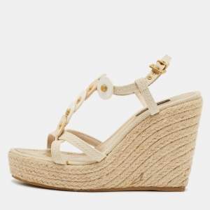 Louis Vuitton Cream Canvas Embellished Wedge Sandals Size 37.5
