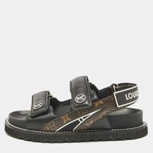 Louis Vuitton Black/Brown Monogram Canvas and Leather Paseo Flat Sandals Size 35