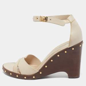 Louis Vuitton Cream Leather Wedge Ankle Strap Sandals Size 37