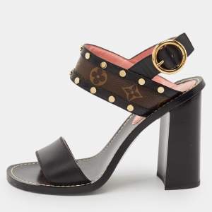 Louis Vuitton Black Leather and Monogram Canvas Studded Ankle Strap Sandals Size 39
