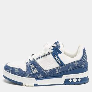 Louis Vuitton Blue/White Monogram Leather and Denim LV Trainer Sneakers Size 38