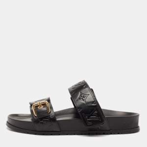 Louis Vuitton Black Monogram Leather Bom Dia Flat Sandals Size 38