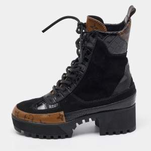 Louis Vuitton Black/Brown Suede and Monogram Canvas Laureate Desert Boots Size 36.5