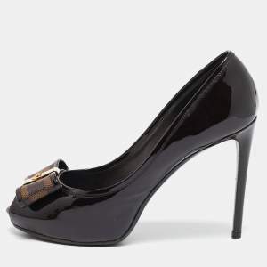 Pre Owned Louis Vuitton Brown/Burgundy  Patent Leather And Infini Canvas Bow Peep Toe Platform Pumps Size 39