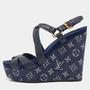 Louis Vuitton Navy Blue Leather and Monogram Denim Ocean Wedge Sandals Size 38.5