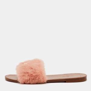 Louis Vuitton Pink Mink Fur Lock It Flat Slide Sandals Size 36