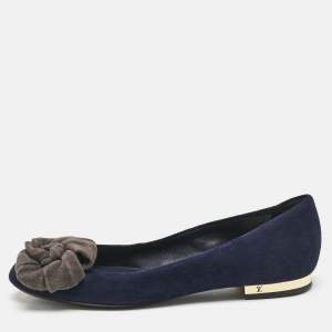 Louis Vuitton Navy Blue Suede Flower Embellished Ballet Flats Size 36.5