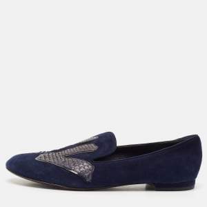 Louis Vuitton Navy Blue Python Leather and Suede LV Logo Smoking Slippers Size 36.5