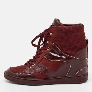 Louis Vuitton Burgundy Monogram Suede and Patent Leather Cliff Top Wedge Sneakers Size 37