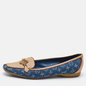 Louis Vuitton Navy Blue Monogram Denim and Leather Cap-Toe Ballet Flats Size 37