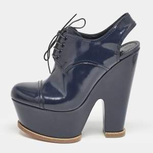Louis Vuitton Navy Blue Patent Leather Louisiana Slingback Booties Size 40
