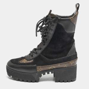 Louis Vuitton Black/Brown Suede and Monogram Canvas Laureate Desert Boots Size 34