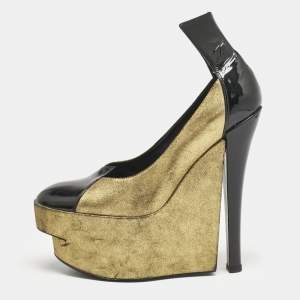 Louis Vuitton Gold/Black Leather and Patent Leather Wedge Pumps Size 38.5