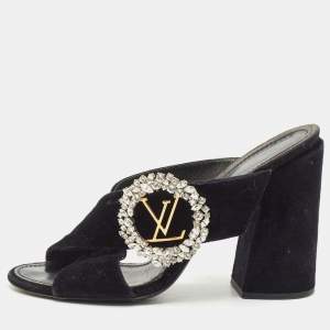 Louis Vuitton Navy Blue Velvet Block Heel Slide Sandals Size 40