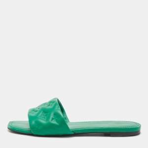 Louis Vuitton Green Monogram Embossed Leather Revival Flat Slides Size 39.5