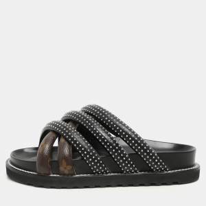 Louis Vuitton Black Monogram Canvas and Leather Slide Sandals Size 37