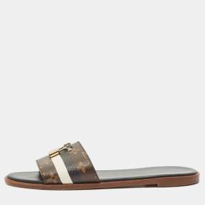 Pre Owned Louis Vuitton Black/Brown Monogram Canvas Lock It Flat Slides Size 40
