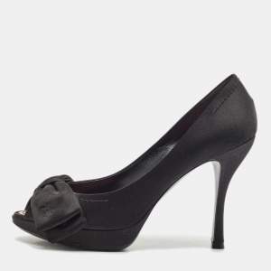 Louis Vuitton Black Satin Bow Peep Toe Pumps Size 37.5