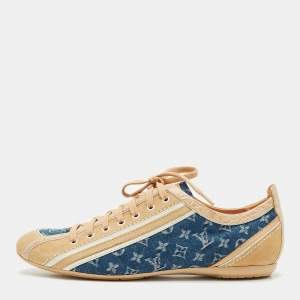 Louis Vuitton Blue/Beige Monogram Denim and Crocodile Impulsion Sneakers Size 38