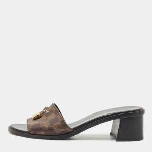 Louis Vuitton Damier Ebene Canvas Lock It Block Heel Slide Sandals Size 38