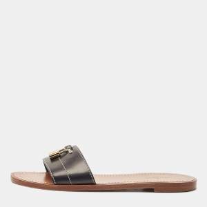 Louis Vuitton Black Leather Lock It Flat Slide Sandals Size 37.5