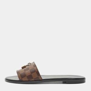 Louis Vuitton Brown Canvas Lock It Flat Slides Size 41