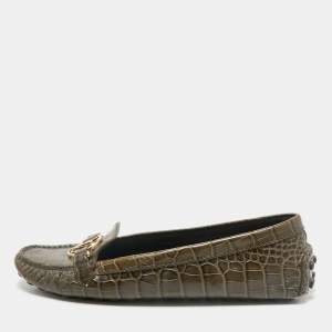 Louis Vuitton Green Croc Embossed Leather Dauphine Loafers Size 39.5