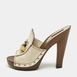 Louis Vuitton Cream Leather Logo Dice Clogs Size 37.5