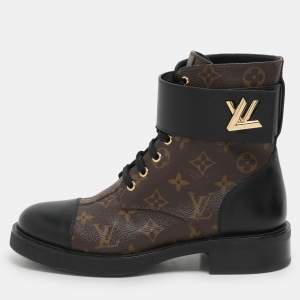 Louis Vuitton Black Monogram Canvas and Leather Wonderland Flat Ranger Boots Size 38.5