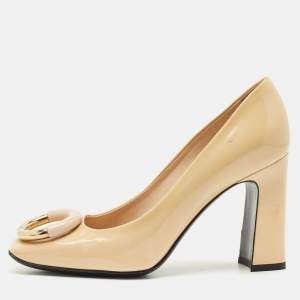 Louis Vuitton Beige Patent Leather Madeleine Block Heel Pumps Size 36