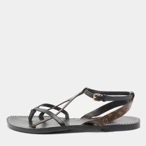 Louis Vuitton Black Leather and Monogram Canvas Strappy Flat Sandals Size 40
